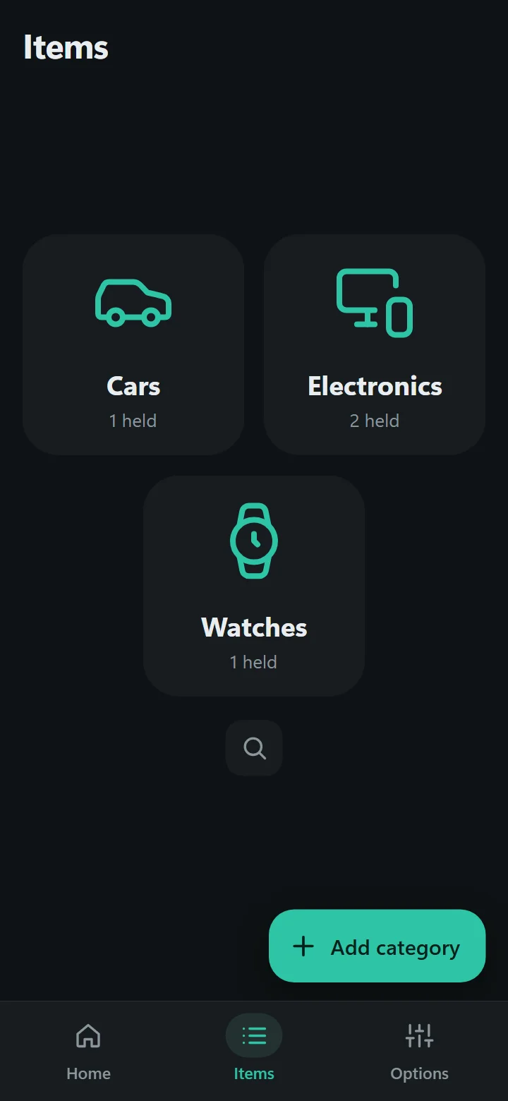 Items page with the category boxes