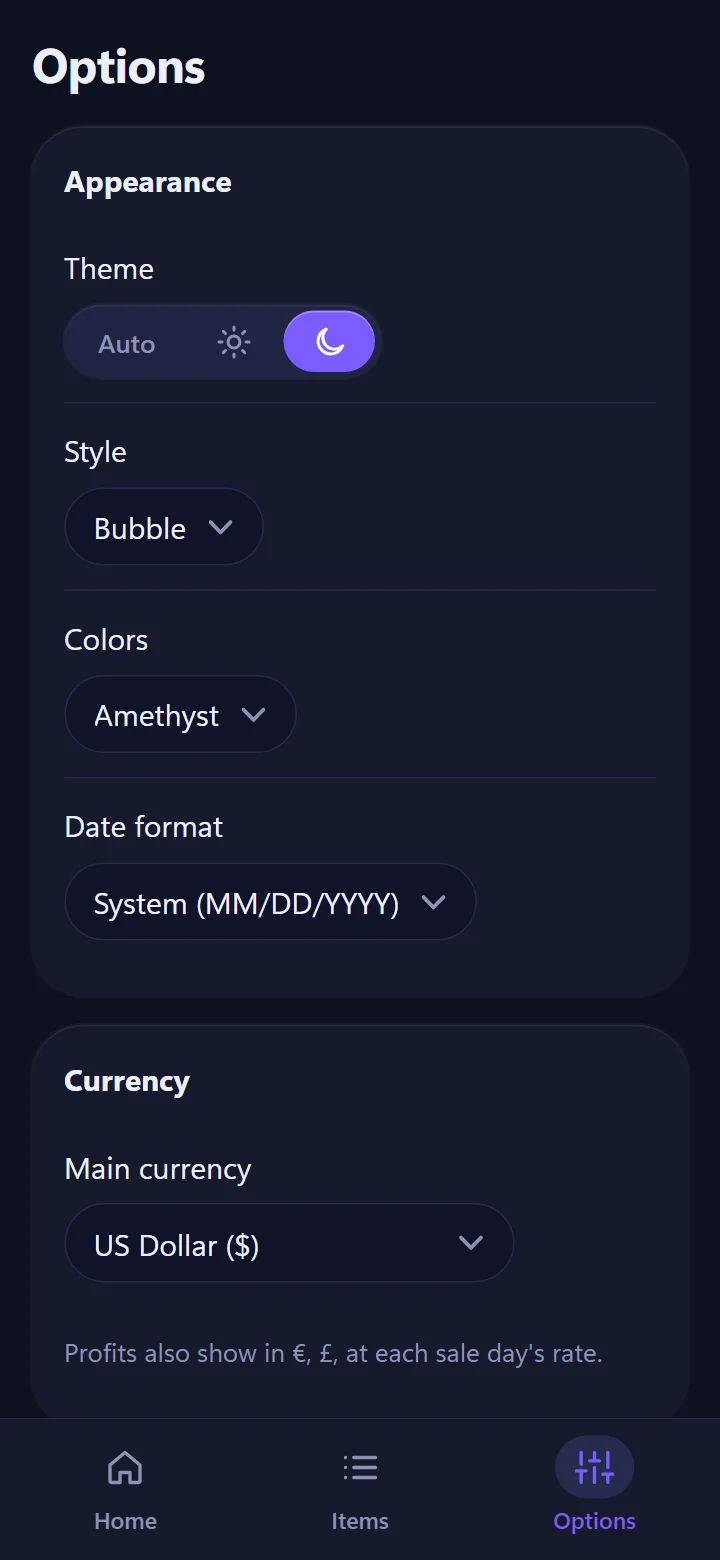 Appearance options: theme, style and colors