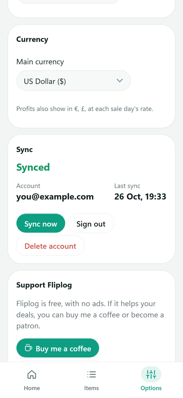 Sync options, signed in and synced